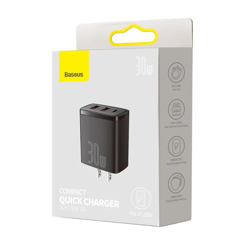 Baseus Compact Quick Charger 2U+C 30W Type C PD Fast Charging 3 Ports USB Baseus Compact Quick Charger 2U+C 30W Type C PD Fast Charging 3 Ports USB